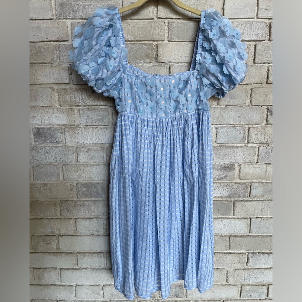 MANOUSH blue and white checked puff sleeve mini dress size small